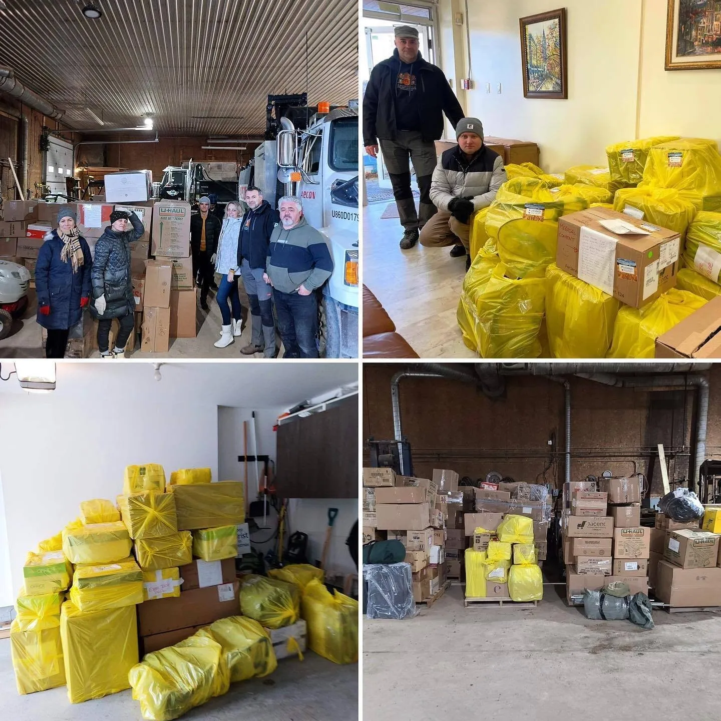 Пожертви, запаковані в жовті пакети й коробки